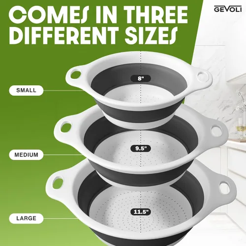 Miniatura 3 de Gevoli Coladores plegables (juego de 3) coladores de alimentos con base de drenaje de agua sobre el fregadero para pasta, frutas y verduras