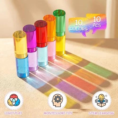 Miniatura 2 de Meooeck 10 unidades de bloques de gemas acrílicas de colores, arco iris translúcido, apilable, juguete sensorial de tren con caja de almacenamiento