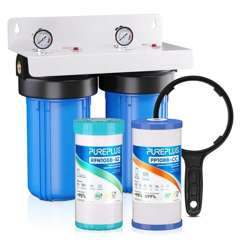 PUREPLUS Sistema de filtración de agua de 2 etapas para toda la casa, reduce el cloro, el olor, los metales pesados, hierro, manganeso, carcasa de
