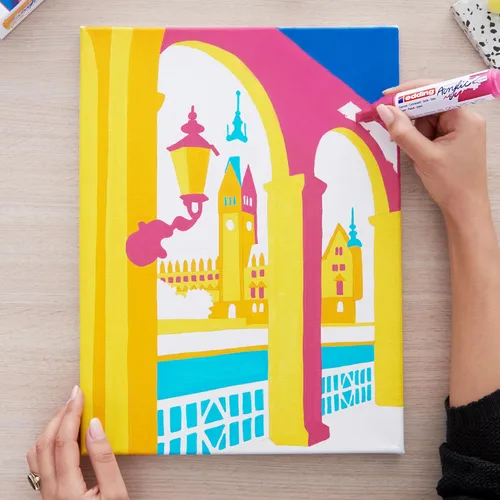 Miniatura 5 de edding 5000 marcadores acrílicos anchos – amarillo, azul, rosa y turquesa – Paquete de 5 marcadores de pintura acrílica (abstracto) – Punta