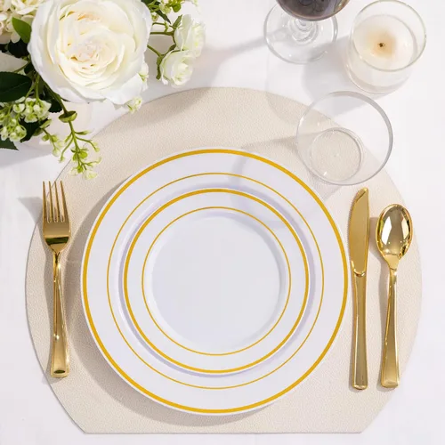 Miniatura 3 de WELLIFE Juego de vajilla desechable de 600 piezas color dorado y blanco para 100 invitados, platos de plástico blanco con borde dorado, platos