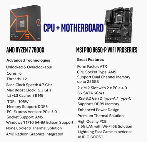 Miniatura 2 de INLAND Procesador de CPU AMD Ryzen 5 7600X con placa base para juegos MSI B650 Gaming Plus WiFi (AM5, ATX, DDR5, PCIe 4.0, Wi-Fi 6E), Soly by Micro