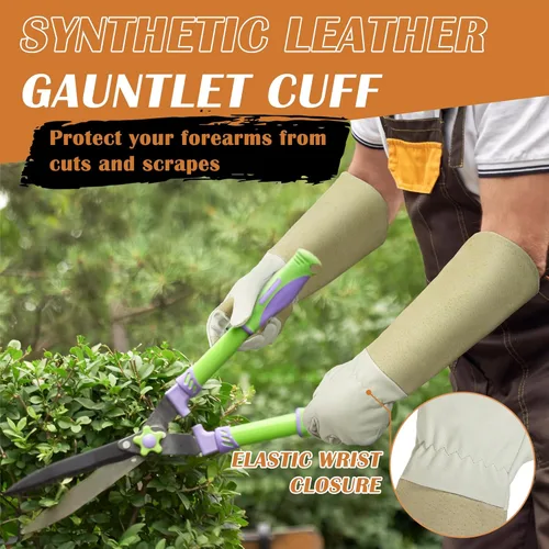 Miniatura 3 de HANDLANDY Guantes de poda largos para hombres y mujeres, de piel de cerdo, guantes de jardinería de rosas, guantes transpirables y duraderos Beige