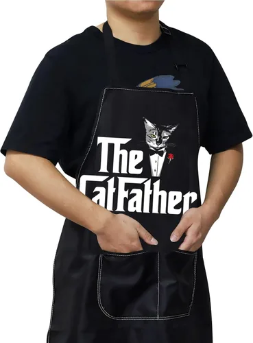 Miniatura 5 de WZMPA Divertido delantal de cocina Catfather con bolsillos, regalo para papá y gato, delantal ajustable para cocinar, hornear, asar a la parrilla