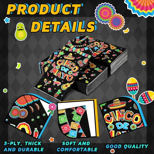 Miniatura 3 de 100 servilletas del Cinco de Mayo, servilletas de papel decorativas mexicanas de 3 capas desechables para baño, toalla de mano para invitados