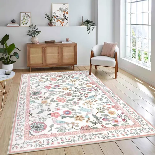 Miniatura 13 de Rugalia Alfombra de pasillo floral azul, alfombra lavable de 2 x 6 pies para pasillos, antideslizante, suave, de pelo bajo, con flores, pájaros, Rosa