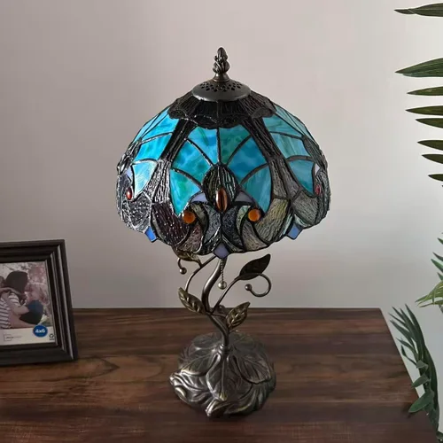 Miniatura 7 de Tiffany - Lámpara de mesa verde y marrón, hierro con hojas de metal, base de bronce, incluye bombilla LED, lámpara de enlace para sala de estar