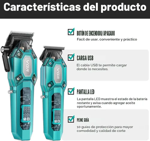 Miniatura 2 de VGR Cortadora de pelo profesional para hombres, juego de cortapelos y recortadoras inalámbricas, kit de corte de pelo para hombre con 10 peines Verde