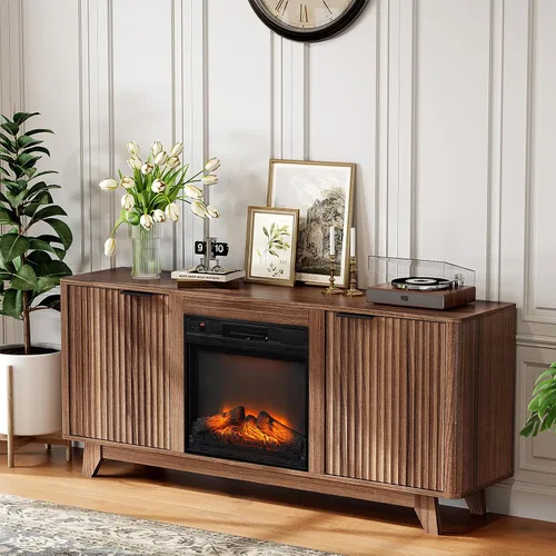 Miniatura 13 de VINGLI - Soporte de TV con chimenea para televisores de hasta 70 pulgadas, centro de entretenimiento acanalado con calefacción eléctrica y estantes