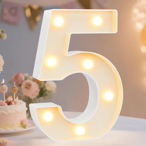 Ogrmar - Letras y números decorativos con luces LED, de plástico, para decoración de bodas, color blanco, funciona con pilas, número 5