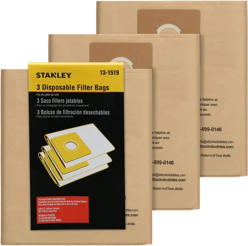 Stanley 13-1519 Bolsa de filtro desechable para aspiradoras húmedas/secas SL18016 y SL18017, paquete de 3
