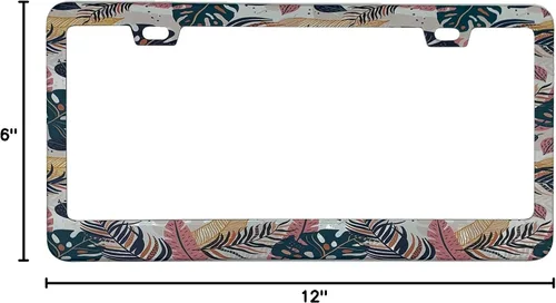 Miniatura 6 de Marco de placa de matrícula con hojas de palma, color rosa y azul, estilo bohemio, con temática hawaiana tropical, de acero inoxidable
