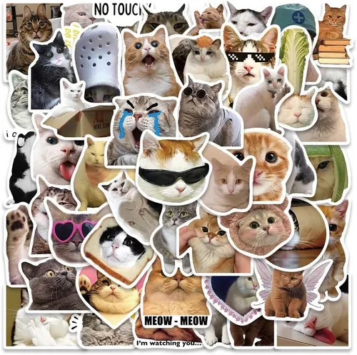 Miniatura 10 de 100 calcomanías divertidas de meme de gato para adultos, lindas calcomanías de vinilo impermeables para botellas de agua de laptop, álbumes de 100