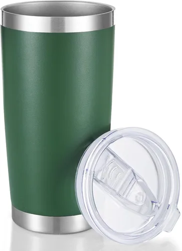 Miniatura 36 de Vaso de acero inoxidable de 20 onzas con tapa, doble pared aislada al vacío, taza de café de 20 onzas con recubrimiento en polvo para bebidas Verde