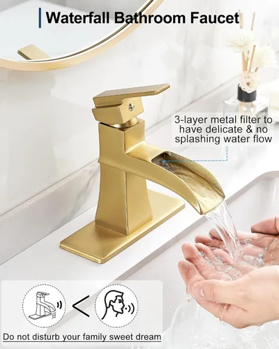 Miniatura 2 de Grifo de cascada de latón, grifo de baño dorado cepillado, mango único para un agujero o 3 agujeros de 4 pulgadas con desagüe emergente, mangueras