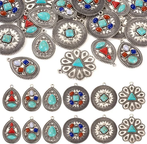 Pandahall - 20 dijes de piedra turquesa estilo tibetano de aleación de lágrima, flor redonda, 6 estilos, dijes bohemios para hacer joyas, collares,