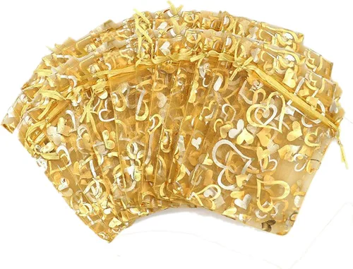 YYaaloa 100 mini bolsas de organza mixta de corazón traslúcido de 2.7 x 3.5 pulgadas, con cordón elegante, bolsas de belleza para regalo, bolsas de