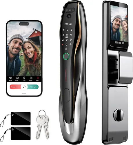 Cerradura inteligente de reconocimiento facial 3D con cámara y manija, timbre de video, entrada sin llave 7 en 1, impermeable IP67, pantalla HD de