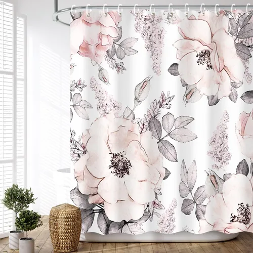 Miniatura 3 de LIVILAN Cortina de ducha con flores rosas y grises, cortinas de ducha florales de acuarela con ganchos, tela blanca y gris, decoración de baño