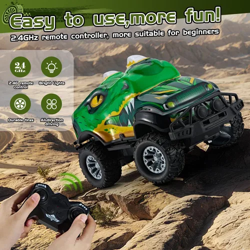 Miniatura 3 de Vehículo fuera de carretera con forma de dinosaurio de control remoto Camión genial fuera de carretera, 2.4GHz, coche RC con luces LED, escala 1:20