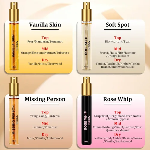 Miniatura 3 de Ikeda - Juego de perfume de 7 piezas, 0.3 fl oz y 20% Eau de Parfum con estuche de viaje, larga duración 8-12H, incluye piel de vainilla, látigo