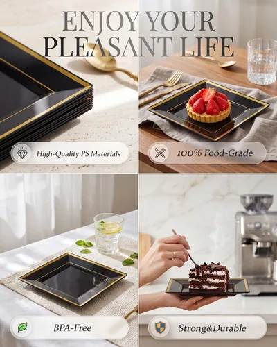 Miniatura 5 de bUCLA 100 platos cuadrados negros de plástico con borde dorado – Platos desechables de postre/aperitivo / pequeños pasteles de 6 pulgadas para Negro
