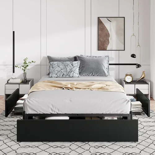 Miniatura 6 de Marco de cama Allewie tamaño matrimonial con plataforma y 3 cajones de almacenamiento, tapizado en piel sintética, soporte de listones de madera,