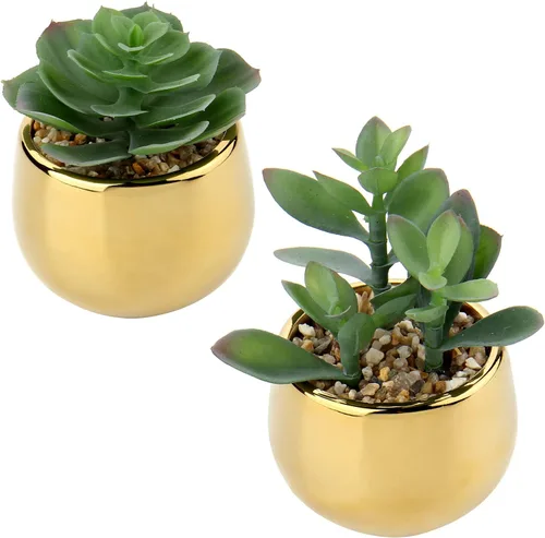 Miniatura 9 de Briful Pequeñas suculentas artificiales en macetas, juego de 2 plantas suculentas realistas con macetas de cerámica doradas, lindas mini plantas