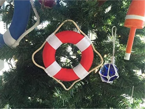 Decoración náutica hecha a mano, color rojo vibrante, decorativo, con bandas blancas, adorno de Navidad de 6 pulgadas - Navidad D