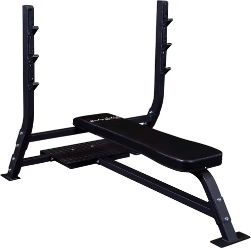 Pro Clubline (SOFB250) - Banco plano olímpico fijo de Body-Solid para levantamiento de pesas y entrenamiento de fuerza con plataforma Spotter