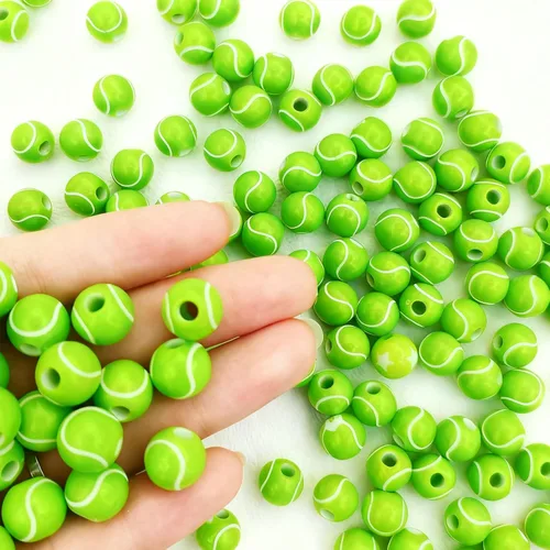 Miniatura 2 de 100 cuentas de pelota de tenis a granel, cuentas deportivas de tenis verdes acrílicas, cuentas espaciadoras redondas con cuerda elástica