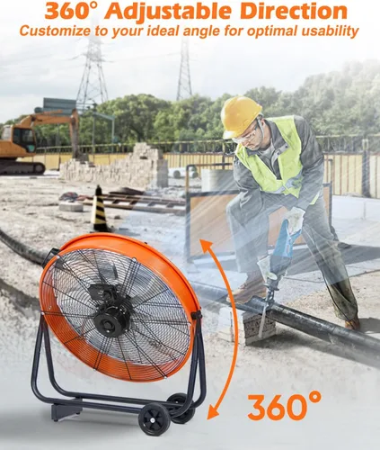 Miniatura 4 de JVO Ventilador de tambor de piso industrial de 24 pulgadas, ventilador de piso de alta velocidad de 9500 CFM con 8 aspas y ventilador grande de 3