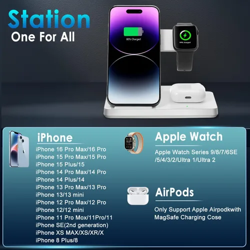Miniatura 3 de Cargador inalámbrico, estación de carga 3 en 1 para múltiples dispositivos, base de carga para iPhone serie 8-16, Apple Watch, AirPods Pro 3 2