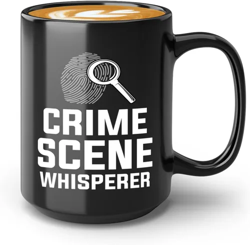 Taza de café detective de 15 onzas, color negro, susurrador de escena del crimen, oficial de policía, policía, patrulla, detective, policía,