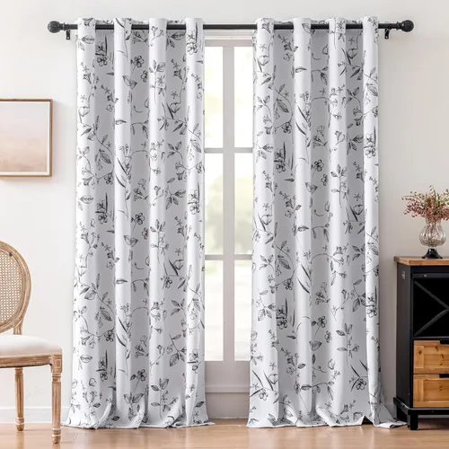 Miniatura 25 de ChrisDowa Cortinas florales 100% opacas de 63 pulgadas de largo, 2 paneles para dormitorio, sala de estar, estampado de flores negras
