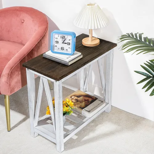 Miniatura 2 de Mesa auxiliar de granja, mesa auxiliar estrecha para sala de estar, mesas auxiliares delgadas con estante de almacenamiento, mesita de noche de 2