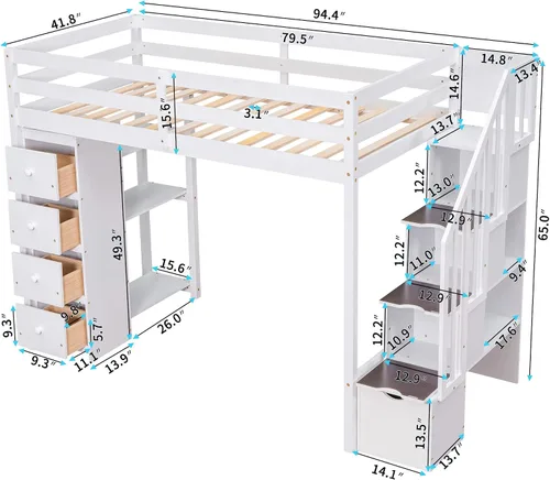 Miniatura 2 de DEINPPA Cama alta de tamaño individual con 4 cajones y estantes de almacenamiento, cama alta de madera con escaleras de almacenamiento, para niños