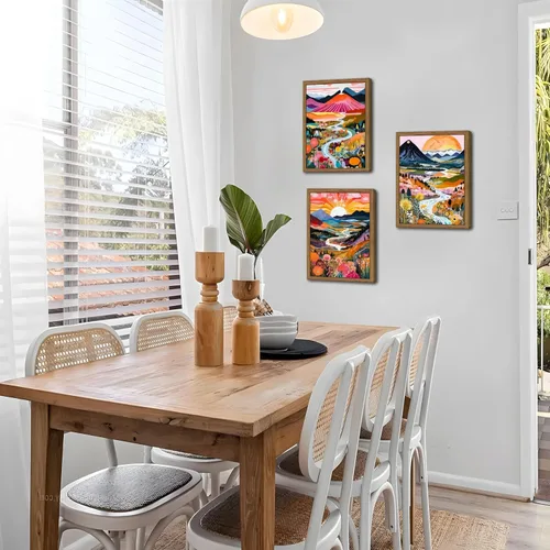 Miniatura 8 de Marco de madera bohemio colorido arte de pared, juego de 3 acuarelas abstractas de paisaje de montaña, pintura para decoración de pared, arte