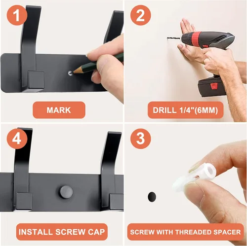 Miniatura 6 de Perchero montado en la pared, 5 ganchos para colgar abrigos, riel de metal resistente de doble gancho, perchero con ganchos, perchero de montaje