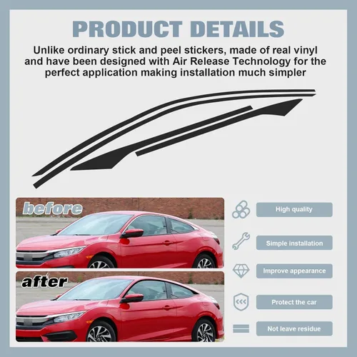 Miniatura 3 de Xotic Tech - Juego de calcomanías precortadas de vinilo para puerta lateral, cromadas, color negro mate, compatible con Honda Civic Coupe 2016-2021