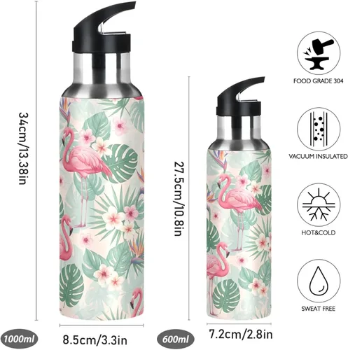 Miniatura 2 de Tropical Leaves Pink Flamingos Insulated Stainless Steel Water Bottle with Straw 32 Oz Leakproof Water Bottles, BPA-Free Sport Water Bottle