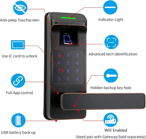 Miniatura 2 de Cerradura de puerta de huellas dactilares, control completo de aplicación resistente, teclado sin llave con mango reversible, perfecto para puertas