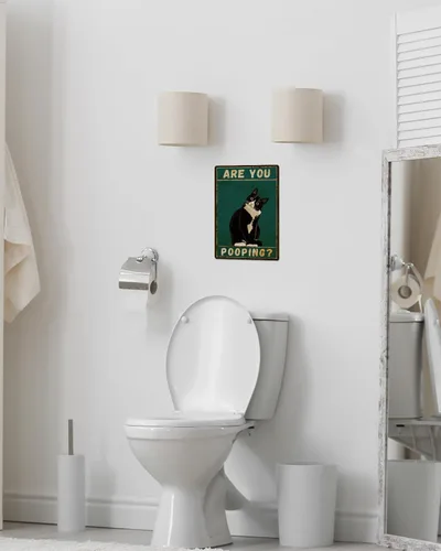 Miniatura 7 de ALKB Letrero de baño con diseño de gato esmoquin, divertido letrero de metal de 8 x 12 pulgadas – Are You Pooping – Decoración de pared de gloria