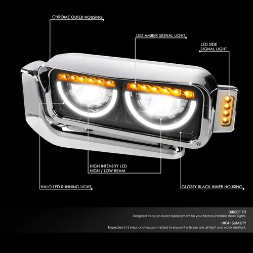 Miniatura 2 de DNA MOTORING HL-HAY-033-BK Par de faros delanteros LED con anillo de halo tipo U y reflector, ángulo amplio, compatible con Peterbilt 359