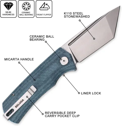 Miniatura 2 de Petrified fish PFP01T Beluga, hoja negra lavada a la piedra K110 de 3.58 pulgadas, mango de micarta de 5.54 oz con cerradura frontal Flipper Liner