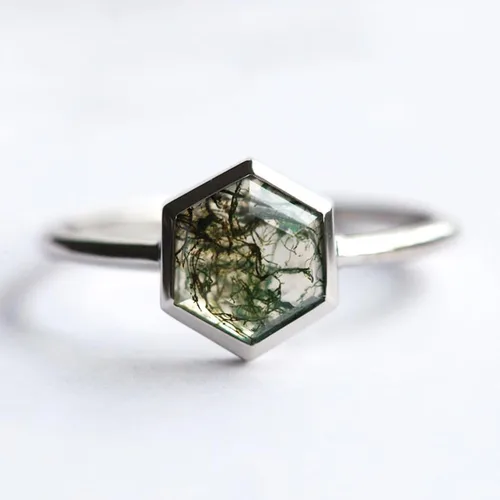 Miniatura 3 de Hexagon Moss Agate Ring, hexagone ring, hexagon engagement ring, moss agate ring, hexagon ring, moss agate double band ring, rings AAA