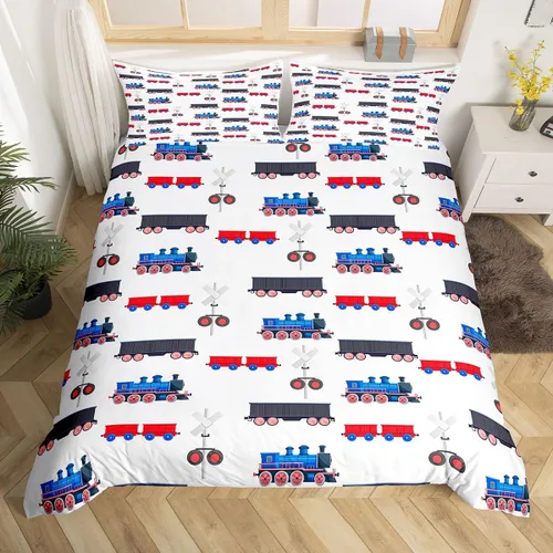Erosebridal Juego de funda de edredón de tren de dibujos animados para niños, color rojo y azul, funda de edredón de vehículos para niños,