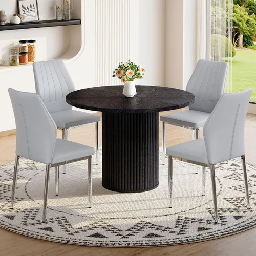 Miniatura 28 de Mesa de comedor redonda para 4-6, mesa de comedor negra con tablero de madera de 42'' y base de pedestal cilíndrico, mesa de cena redonda