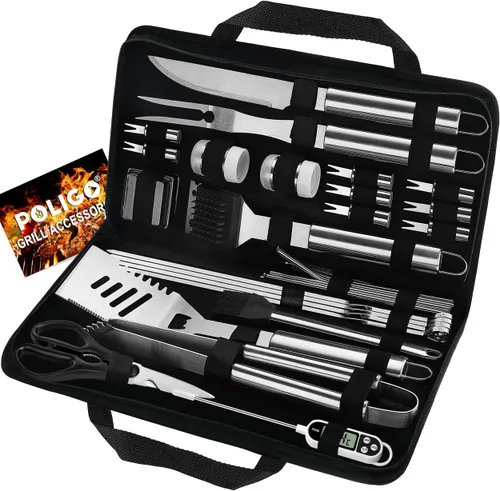 POLIGO Juego de 29 herramientas para parrilla de barbacoa de acero inoxidable con bolsa de almacenamiento para el día del padre, regalos de Plateado