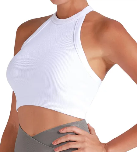 Miniatura 5 de Sunzel Camiseta sin mangas acanalada para mujer, cuello alto, sin costuras, linda, básica, sin mangas, para entrenamiento, atlética, yoga